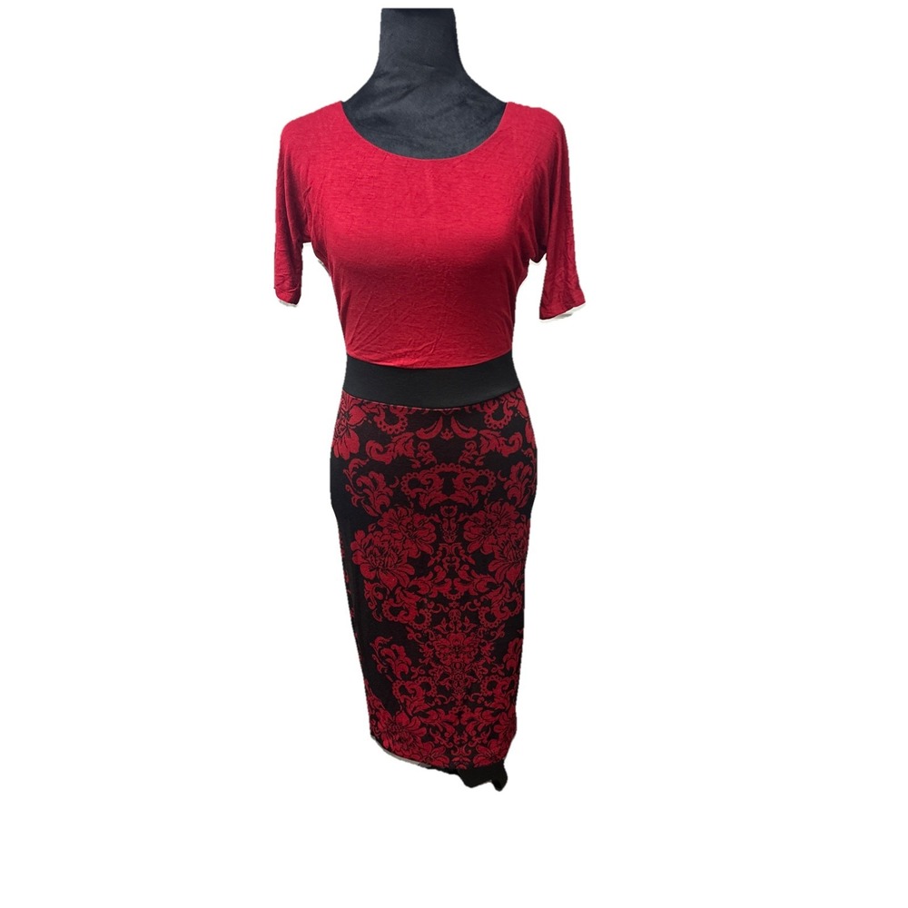Venus Bodycon Dress Women's XS Midi Knee‎ Length Burnout Floral Print Red Black
